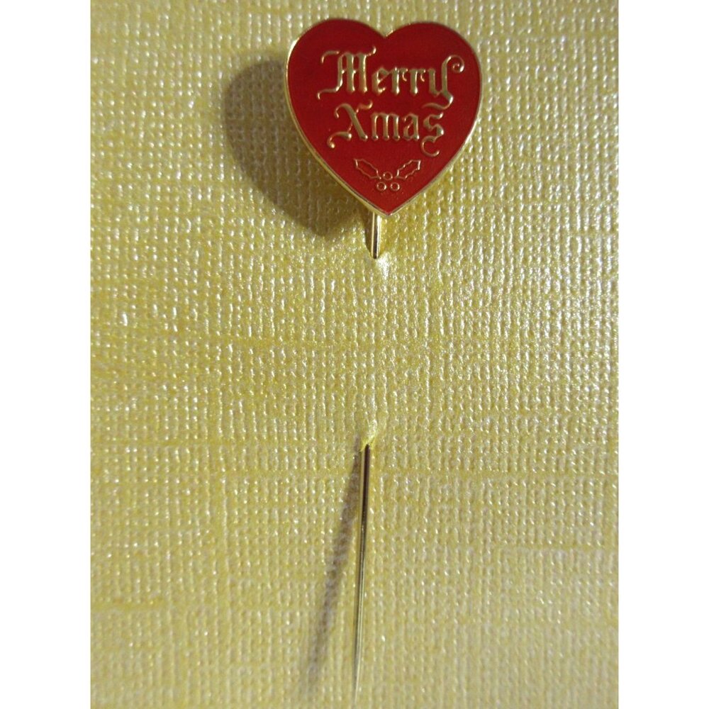 Vintage Red Heart Holly Script Merry Xmas Gold Tone Lapel/Hat Pin .75" x 2.5"